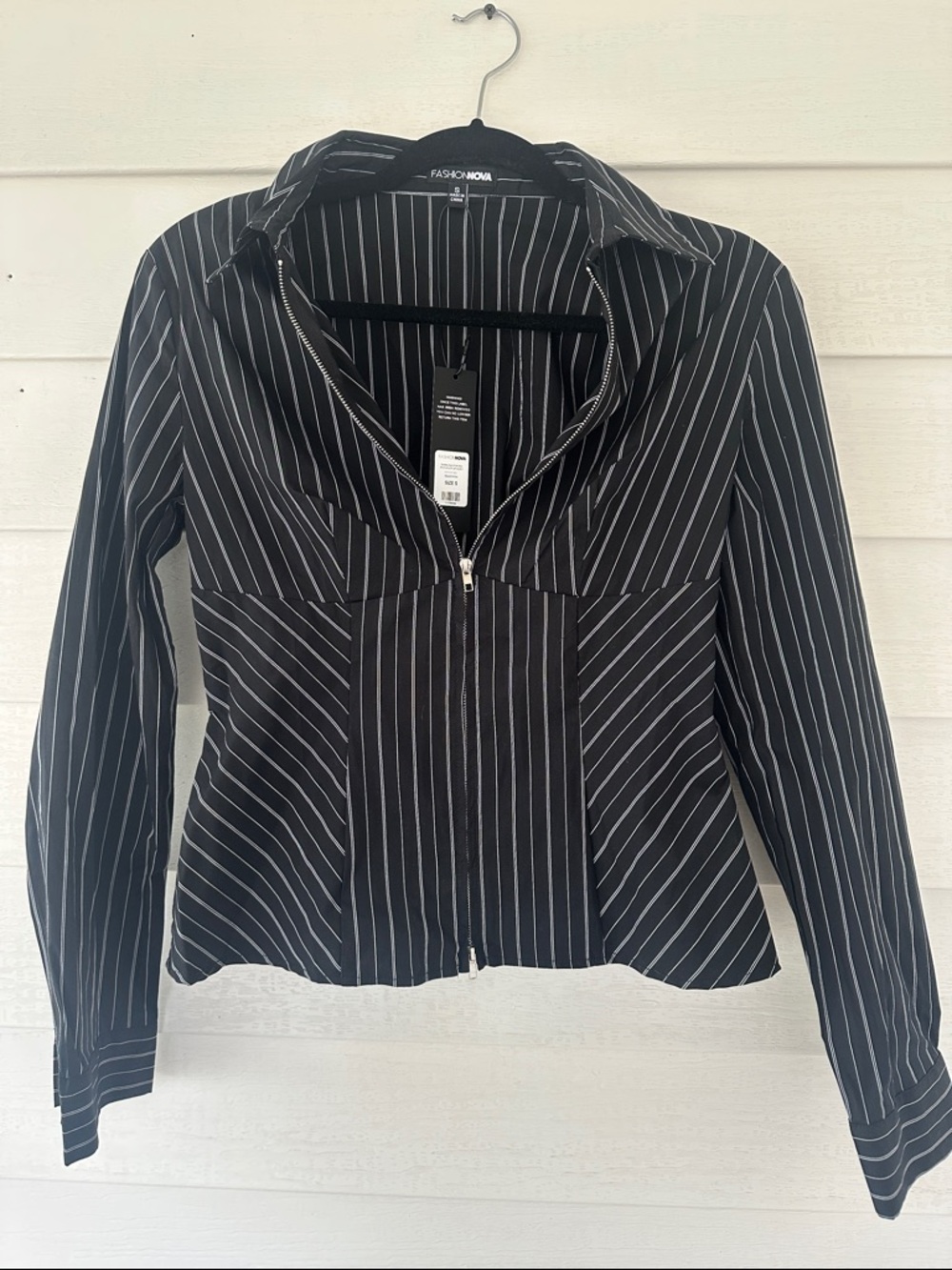Fashion Nova Black White Pinstripe Zip-Front Button Down Shirt